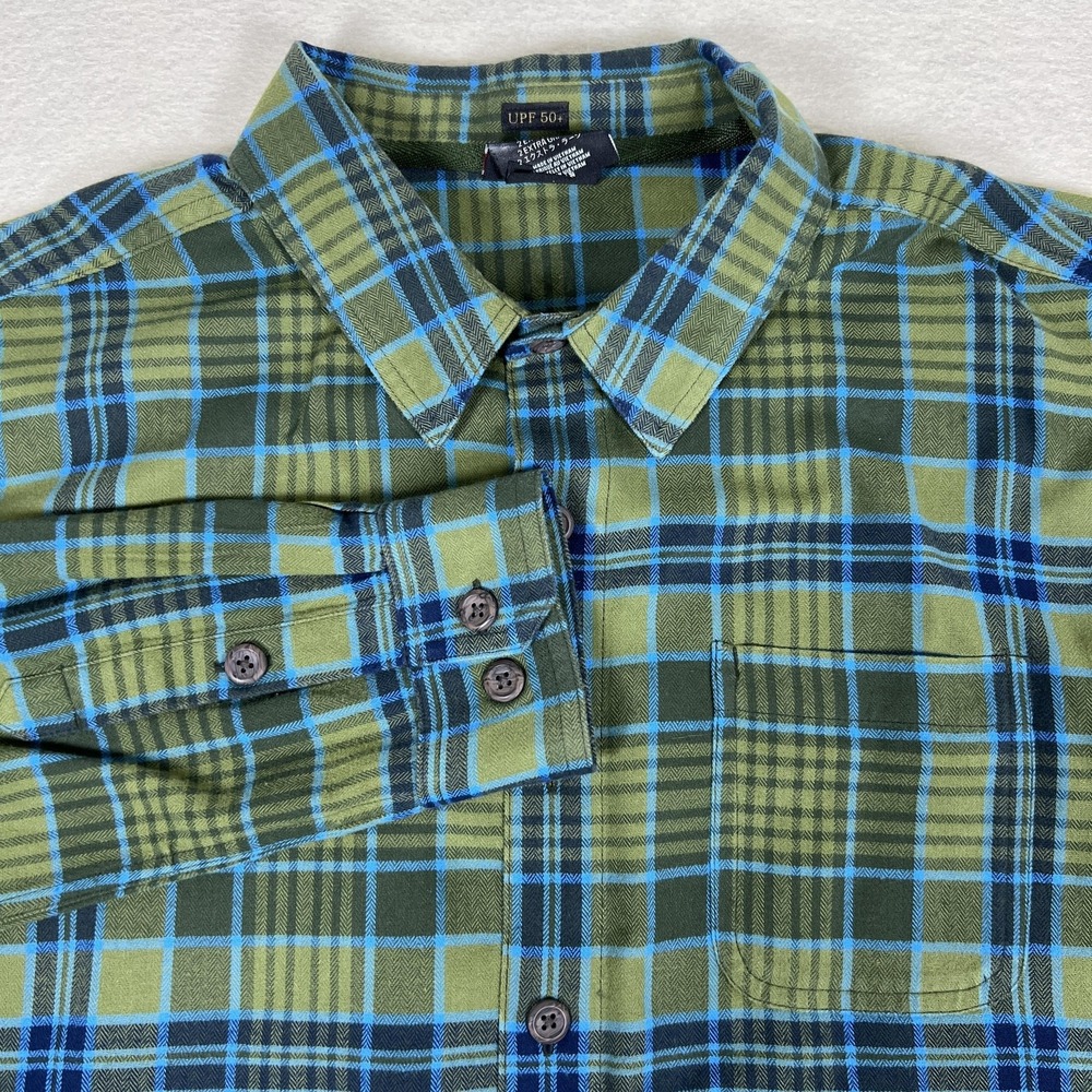 Sherpa Adventure Gear Shirt Mens 2XL Green‎ Blue Plaid UPF 50+ Long Sleeve